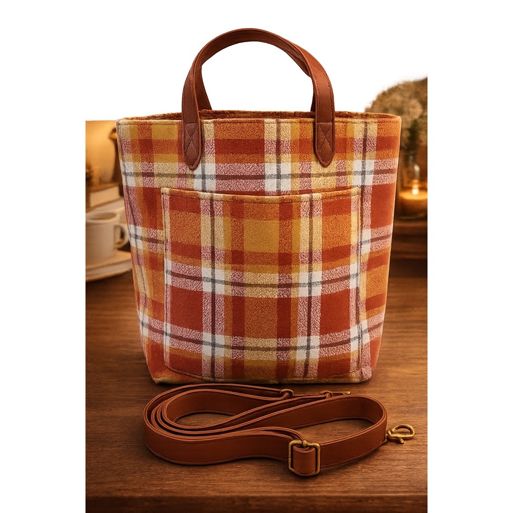 Thirty-One Window Shopper Tote Orange Yellow Plaid Crossbody Bag 14x12x6 pockets